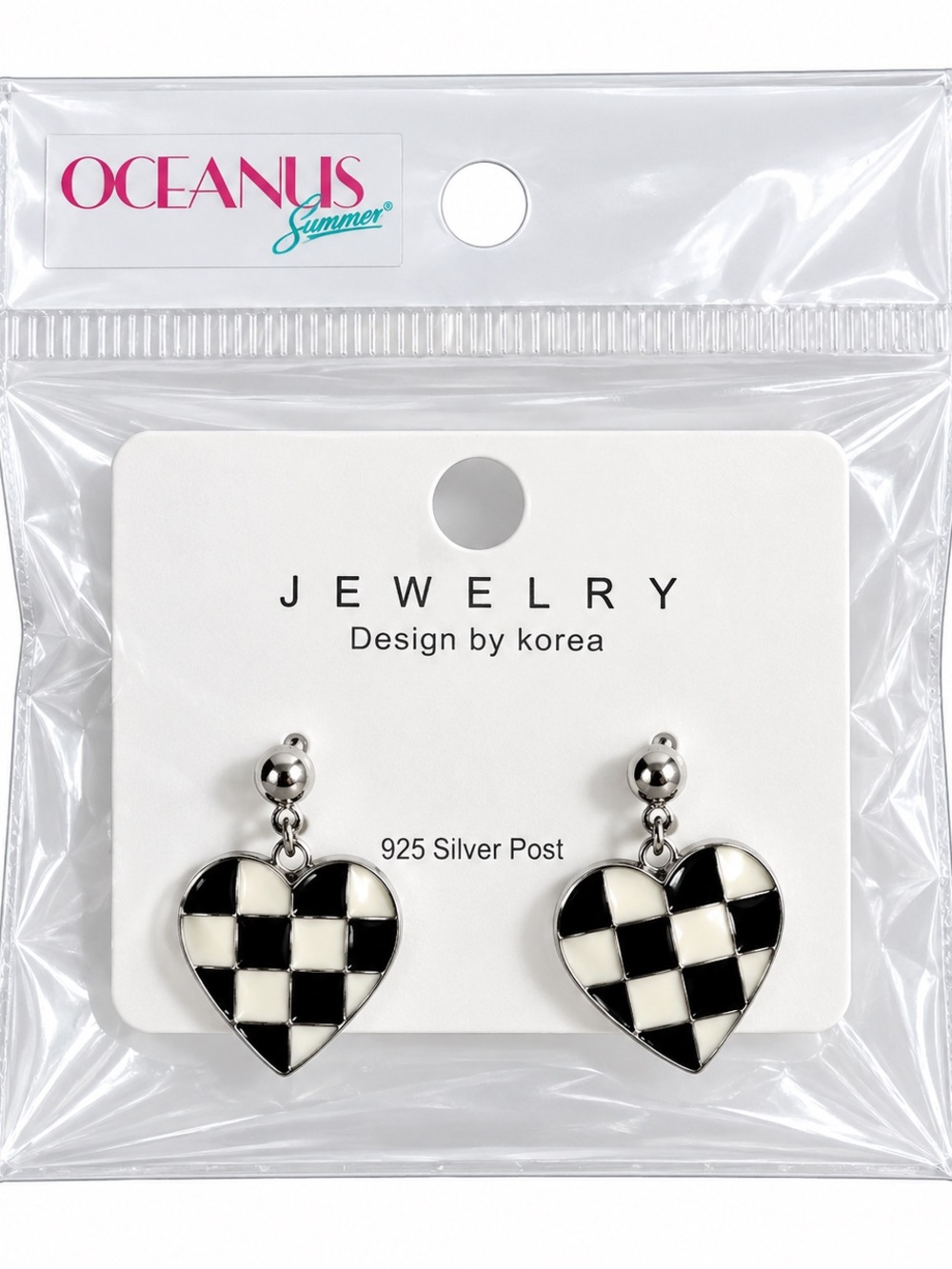 Oceanus Summer Black & White Checker Heart Drop Earrings - 925 Silver Post